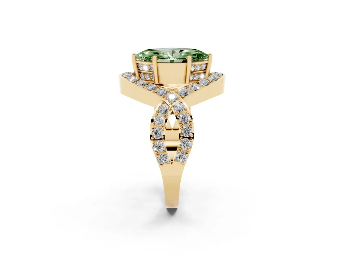 Fancy Green Marquise Cut Solitaire Twist Band Pavé Diamond Engagement Ring Yellow gold