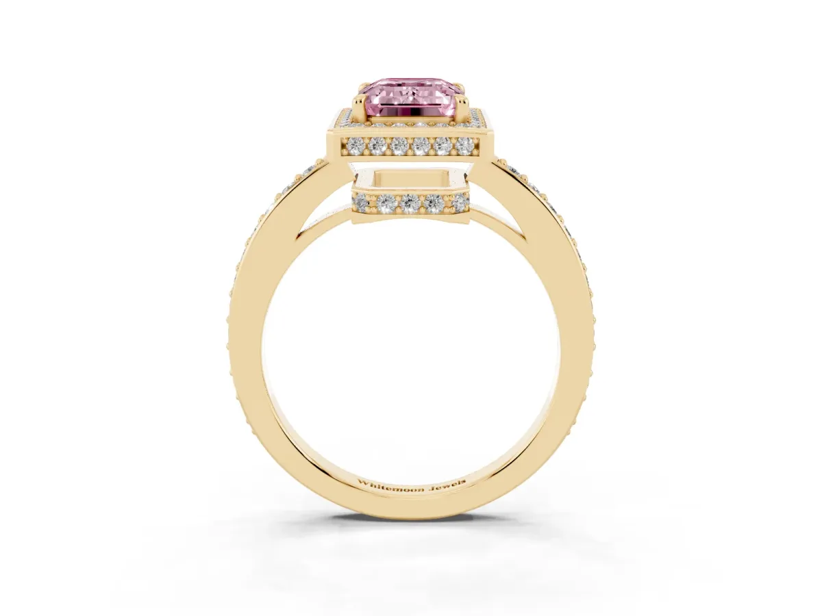 Fancy Pink Emerald Cut Halo Pave Band Solitaire Ring with Prong Setting Yellow gold