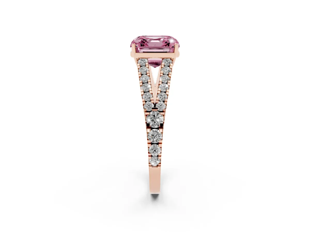 Fancy Pink Asscher Cut Diamond Split Shank Pavé Engagement Ring with Four-Prong Setting Rose gold