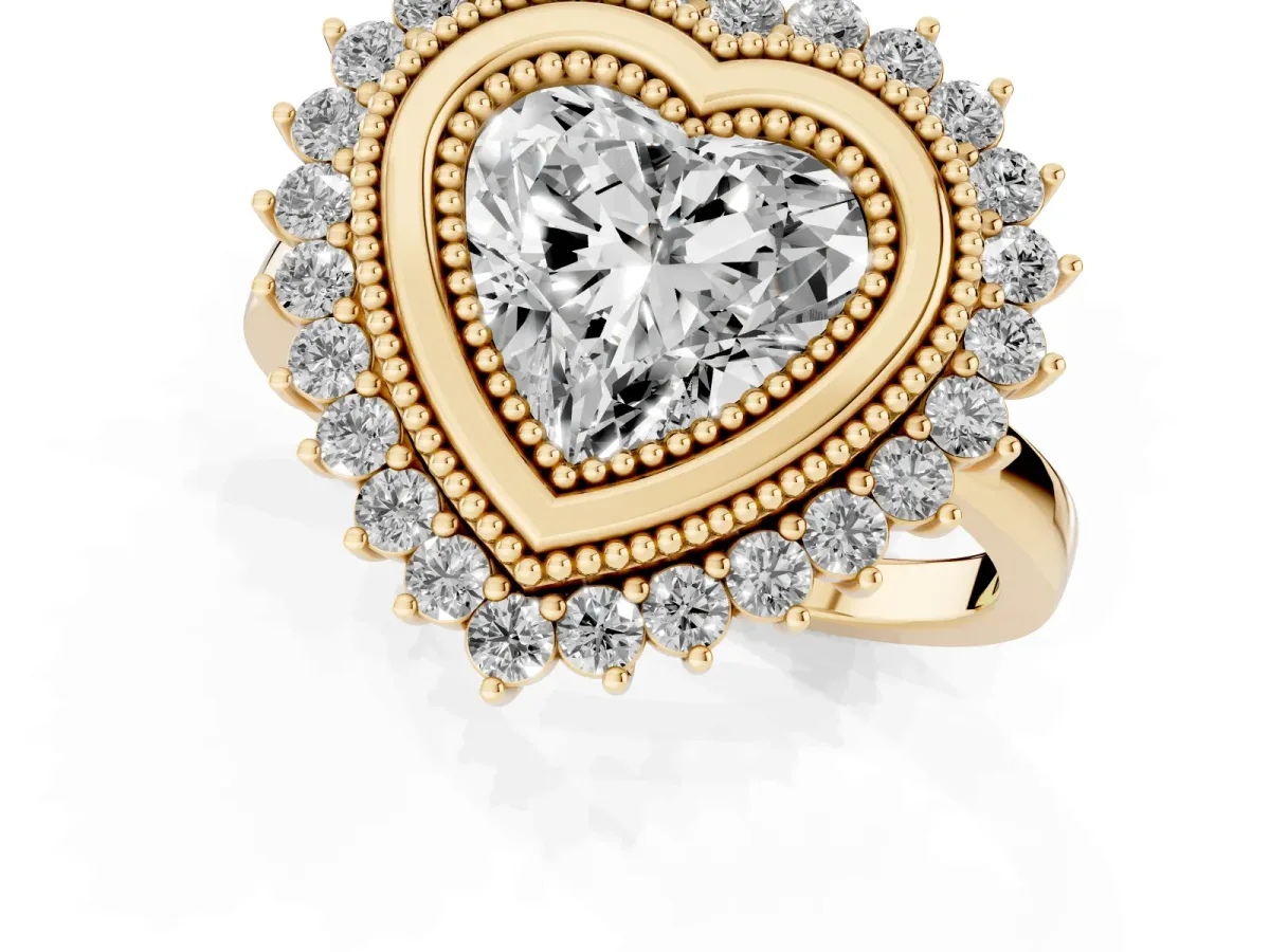 Heart Cut Halo Diamond Ring with Milgrain Edge and Round Prong Setting Yellow gold