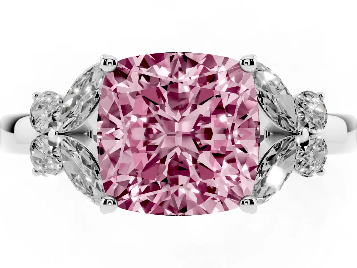 Fancy Pink Cushion Cut Cut Solitaire Floral Diamond Ring with Four-Prong Setting Silver