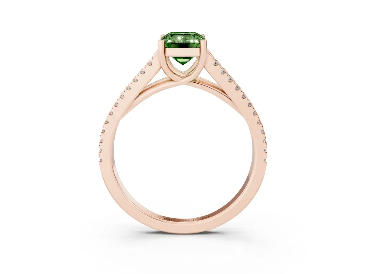 Fancy Green Emerald Cut Diamond Solitaire Engagement Ring with Split Shank Pavé Band Rose gold
