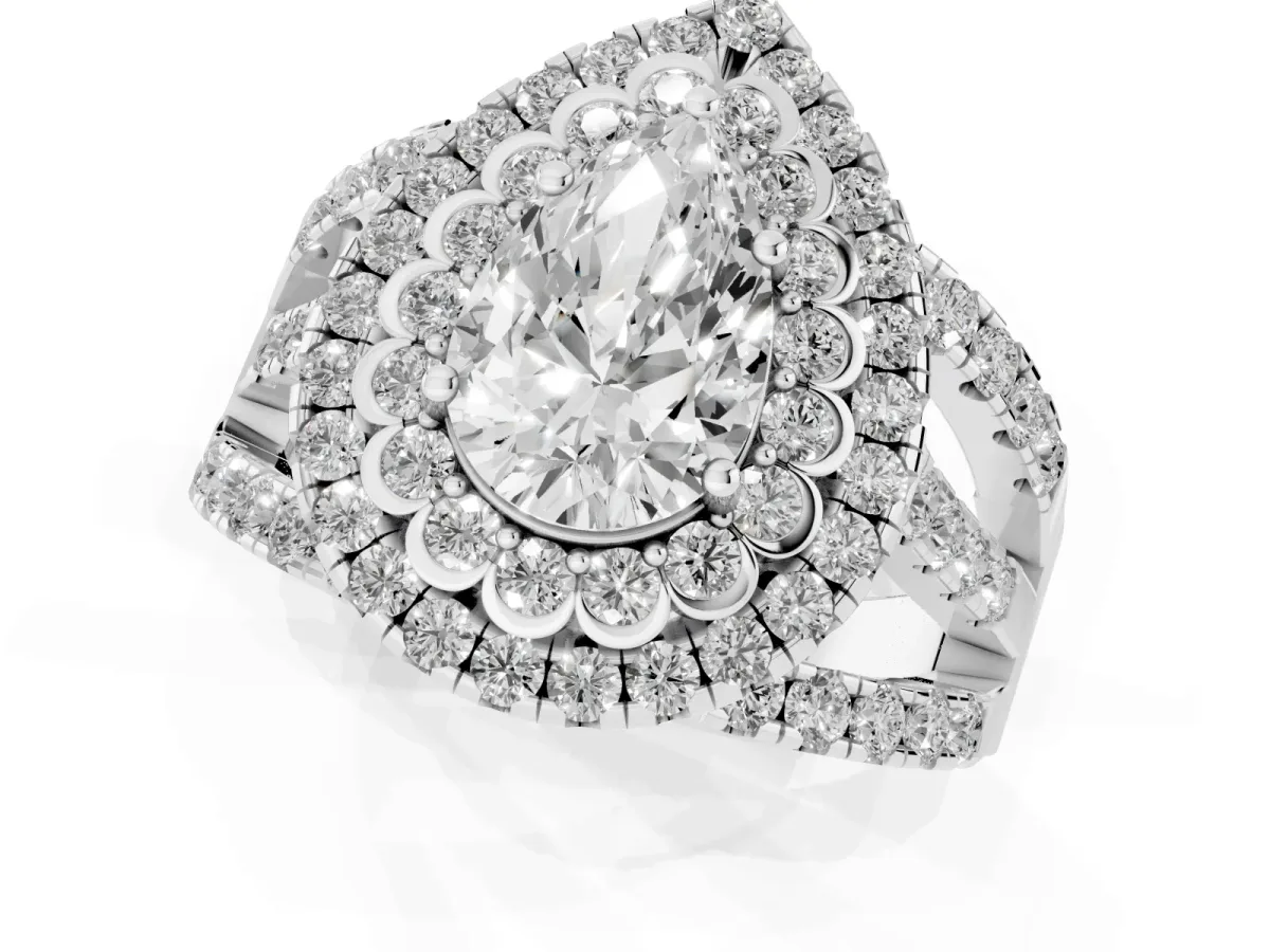 Pear Cut Diamond Double Halo Ring with Round Pavé Split Shank and Prong Setting Silver