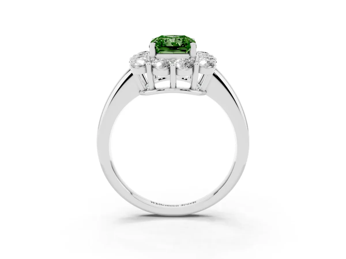 Fancy Green Radiant Cut Halo Cluster Diamond Engagement Ring with Prong Setting and Polished Band Platinum
