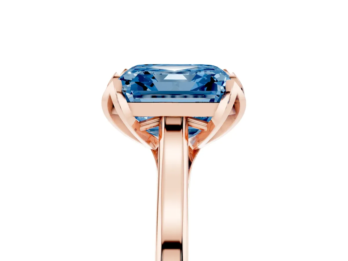 Fancy Blue Asscher Cut Diamond Solitaire Ring with Flower Prong Setting and Classic Band Rose gold