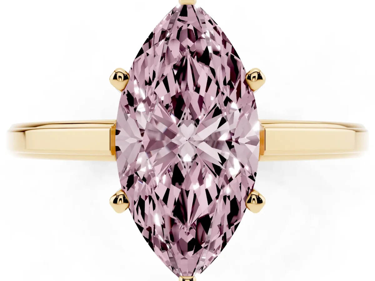 Fancy Pink Marquise Cut Solitaire Diamond Ring with Four-Prong Setting and Classic Band Yellow gold