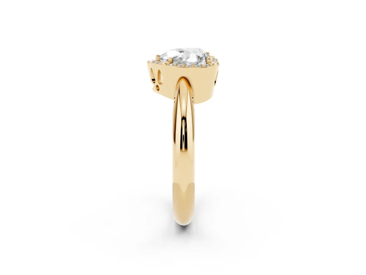 Heart Cut Cut Diamond Halo Engagement Ring with Split Shank and Four-Prong Setting Yellow gold