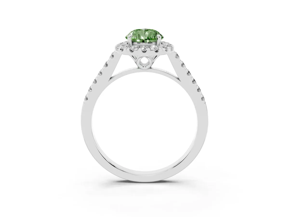 Fancy Green Pear Cut Halo Pavé Diamond Engagement Ring with Four-Prong Setting Silver