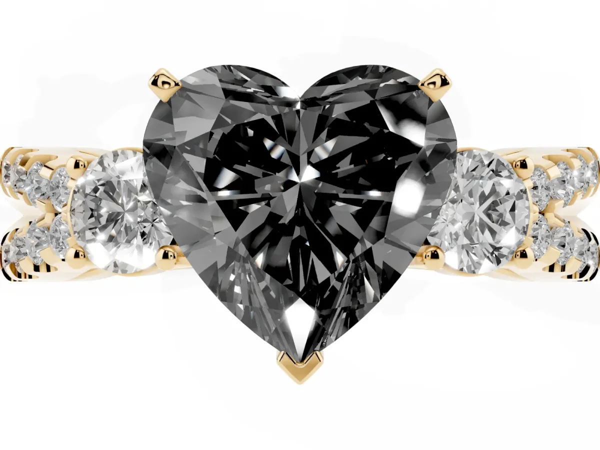 Fancy Black Heart Cut Diamond Three-Stone Ring with Pavé Split Shank and Four-Prong Setting Yellow gold