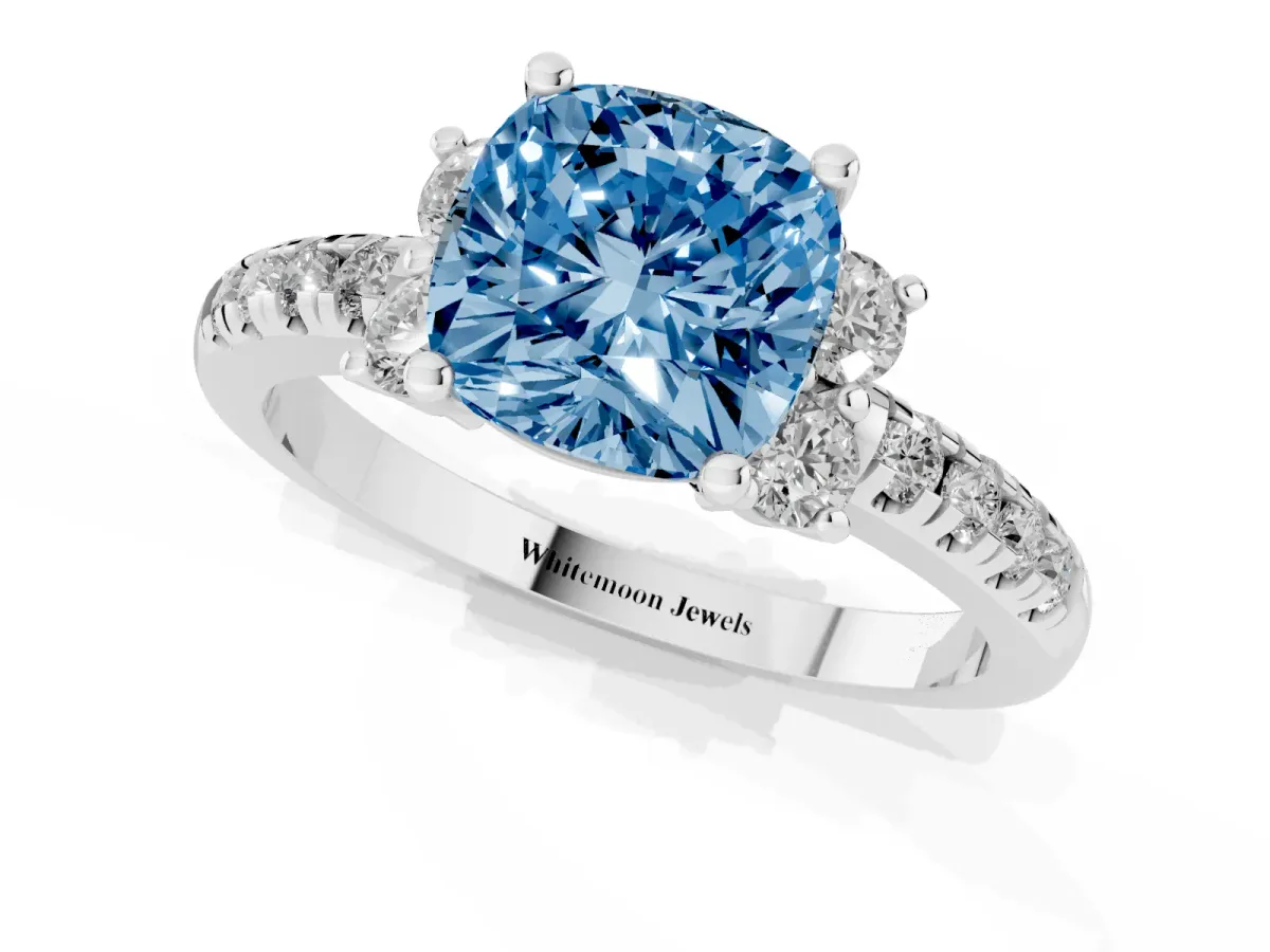 Fancy Blue Cushion Cut Diamond Three-Stone Pave Band with Four-Prong Setting White gold
