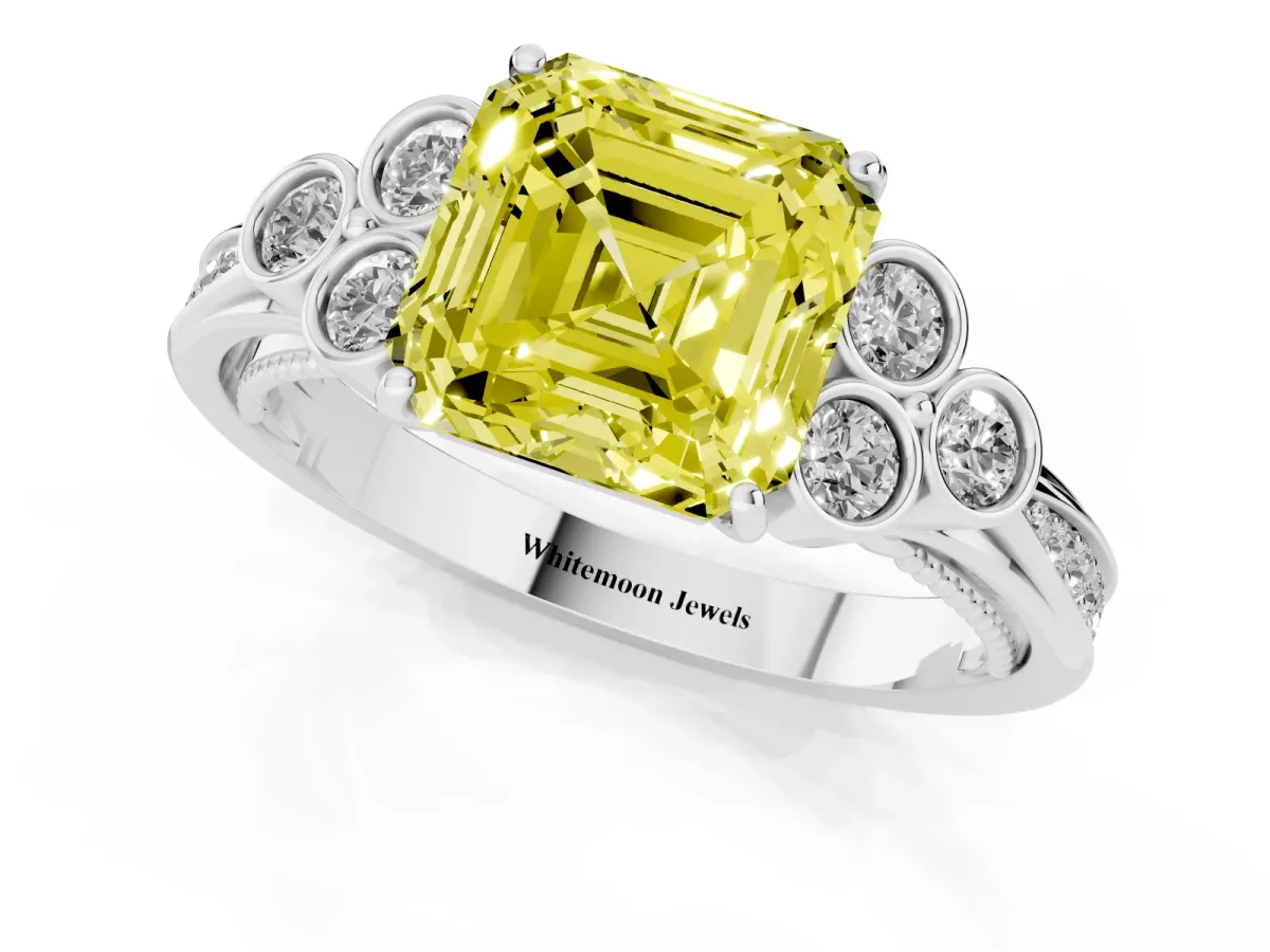 Fancy Yellow Asscher Cut Cut Diamond Engagement Ring with Bezel Set Round Side Stones and Prong Setting Platinum