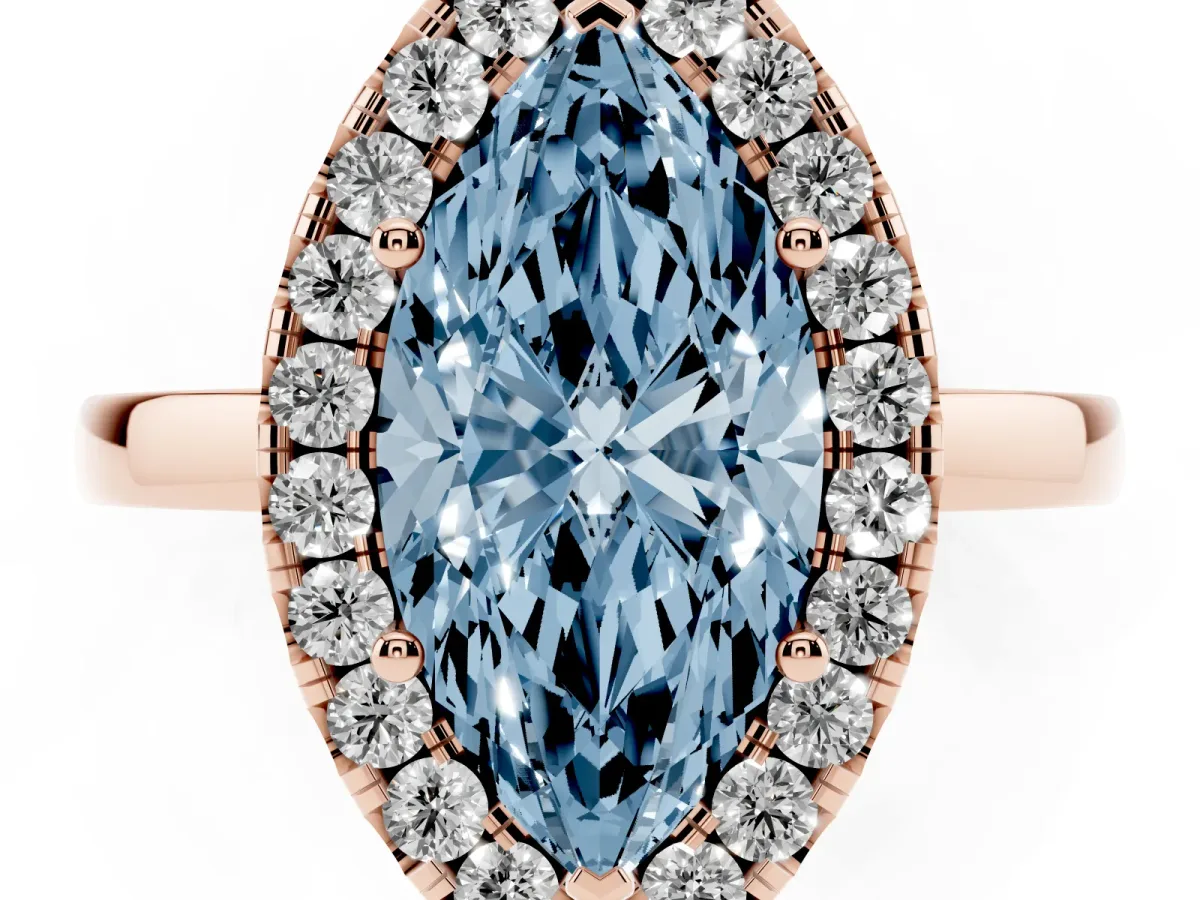 Fancy Blue Marquise Cut Halo Diamond Solitaire with Pavé Band and Four-Prong Setting Rose gold