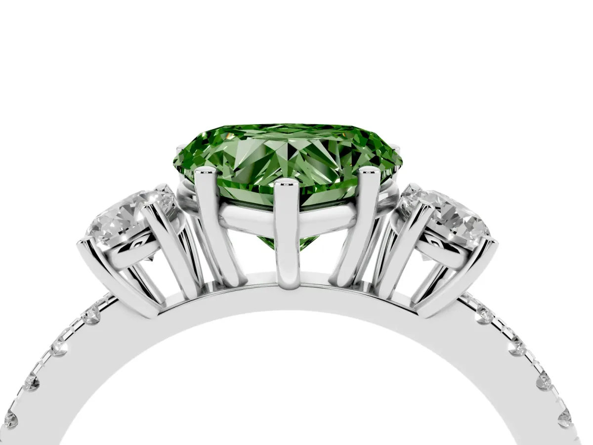 Fancy Green Three-Stone Heart Cut Cut Diamond Pavé Band with Prong Setting Silver