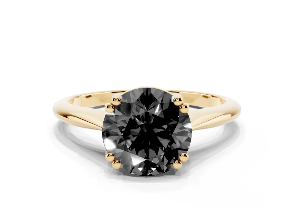 Fancy Black Round Cut Solitaire Diamond Ring with Six-Prong Setting and Classic Band Yellow gold
