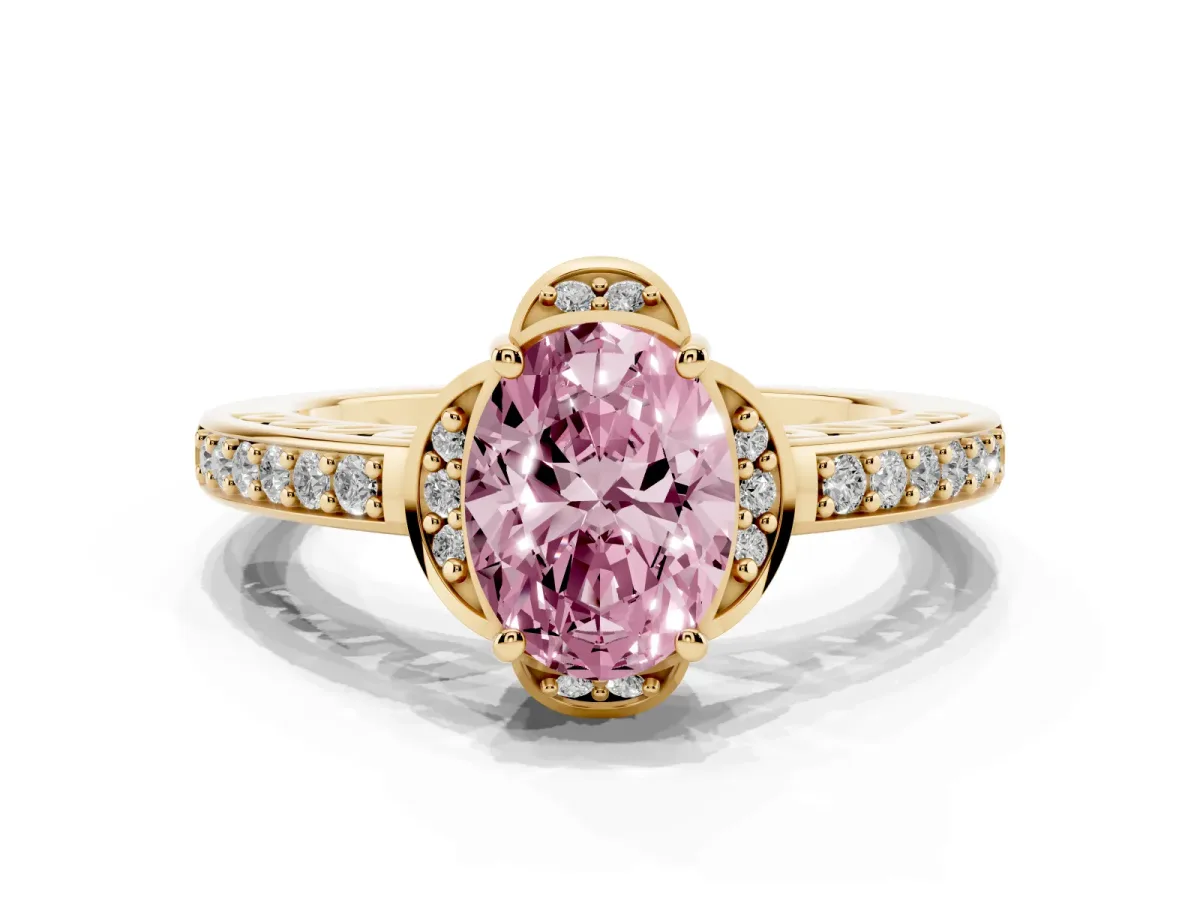 Fancy Pink Oval Cut Cut Halo Diamond Ring with Channel Set Band and Four-Prong Setting Yellow gold