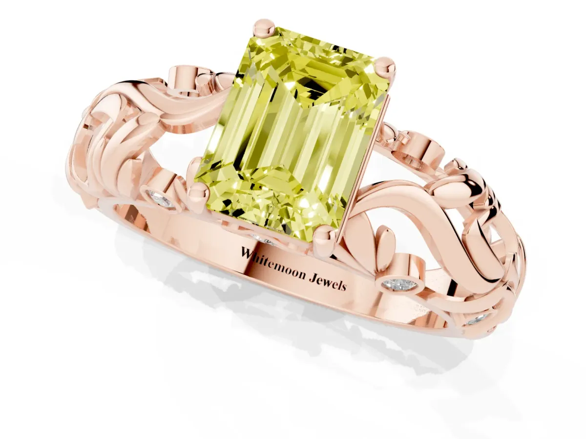 Fancy Yellow Emerald Cut Solitaire Diamond Leaf-Inspired Vine Band Ring with Prong Setting Rose gold