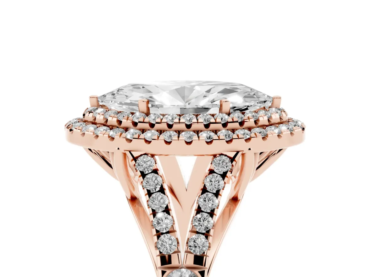 Double Halo Marquise Cut Diamond Split Shank Engagement Ring with Four-Prong Setting Rose gold