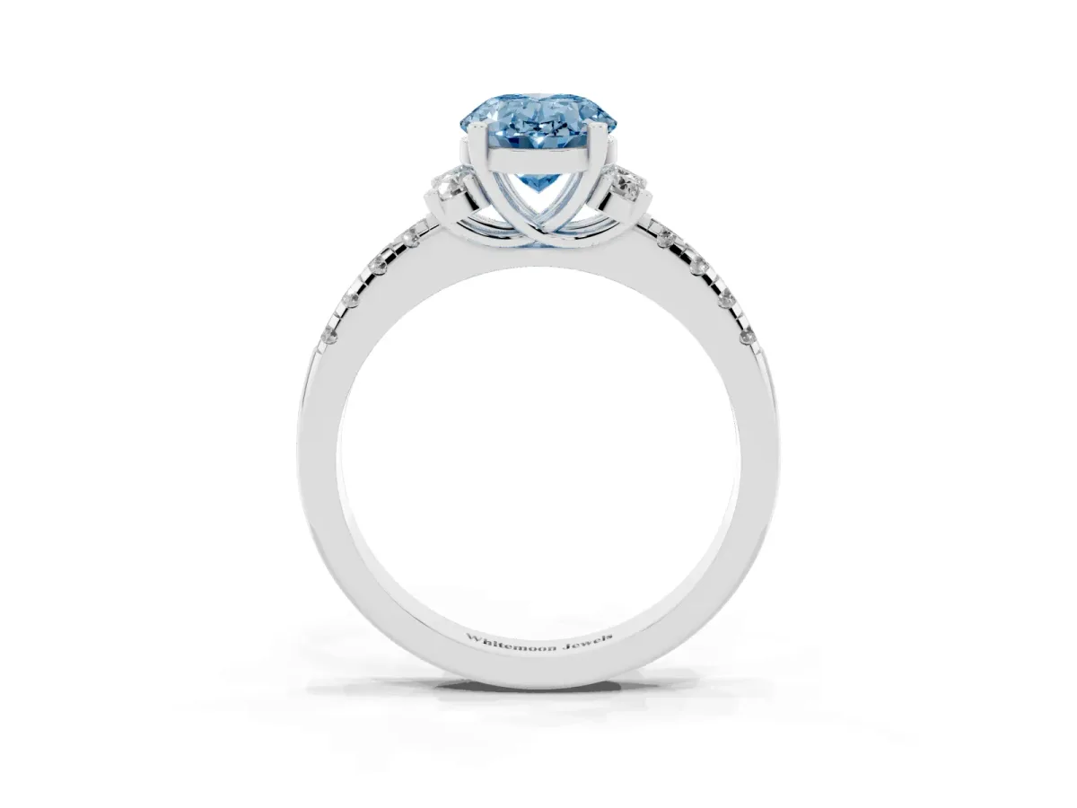 Fancy Blue Oval Cut Diamond Three-Stone Pave Band with Four-Prong Setting Silver