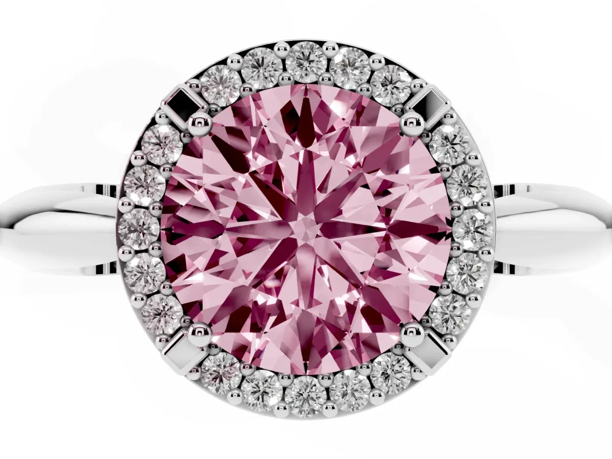 Fancy Pink Round Cut Cut Diamond Halo Engagement Ring with Split Shank and Four-Prong Setting Silver