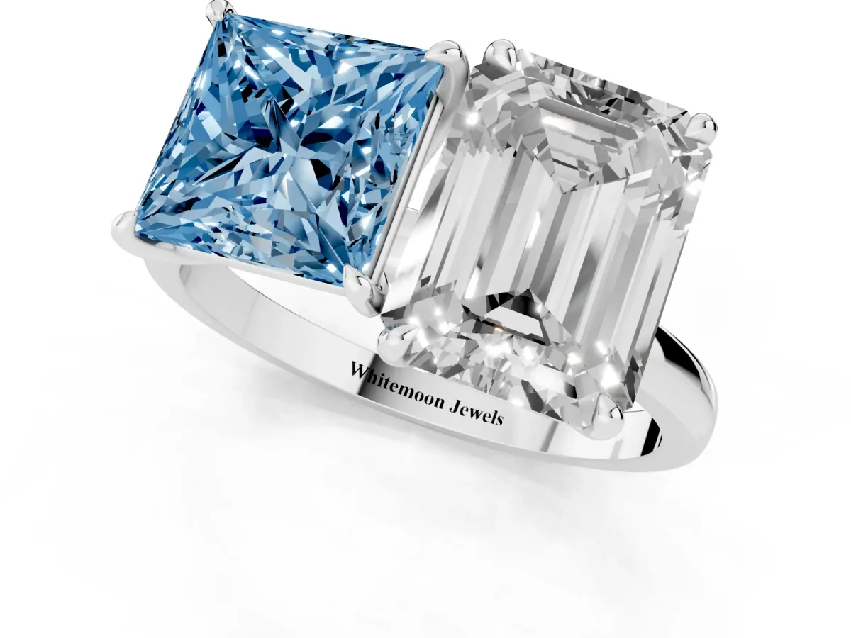 Fancy Blue Princess Cut and Emerald Cut Toi Moi Ring with Prong Setting Platinum