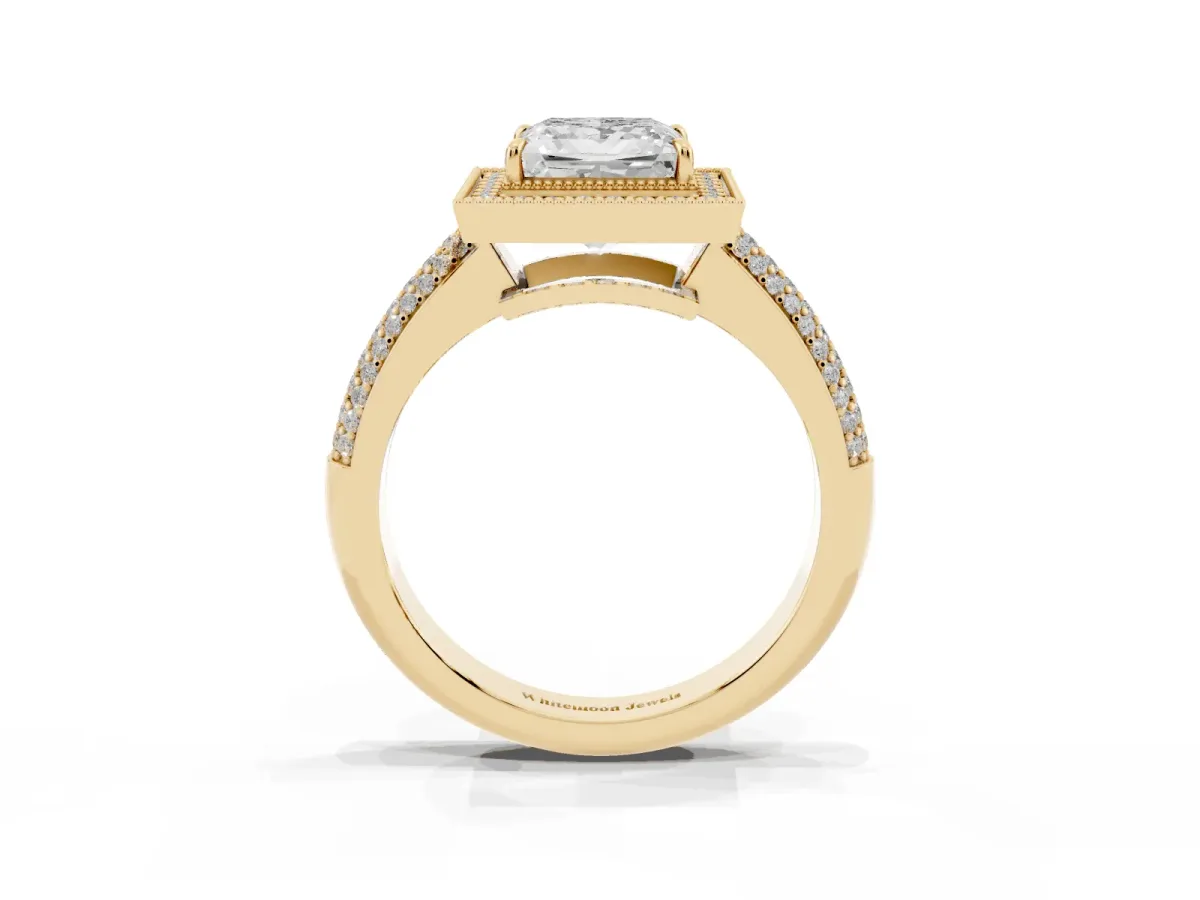 Princess Cut Cut Halo Diamond Pave Band with Four-Prong Setting Yellow gold
