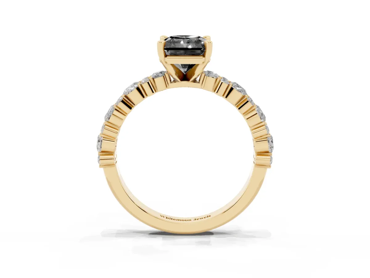 Fancy Black Radiant Cut Diamond Side Stone Solitaire Ring with Round and Four-Prong Setting Yellow gold