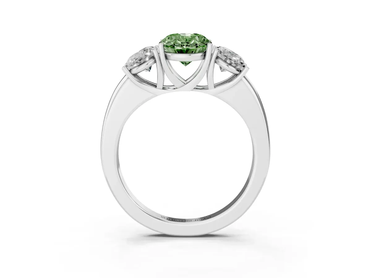 Fancy Green Oval Cut Diamond Three-Stone Ring with Four-Prong Setting and Classic Band Platinum