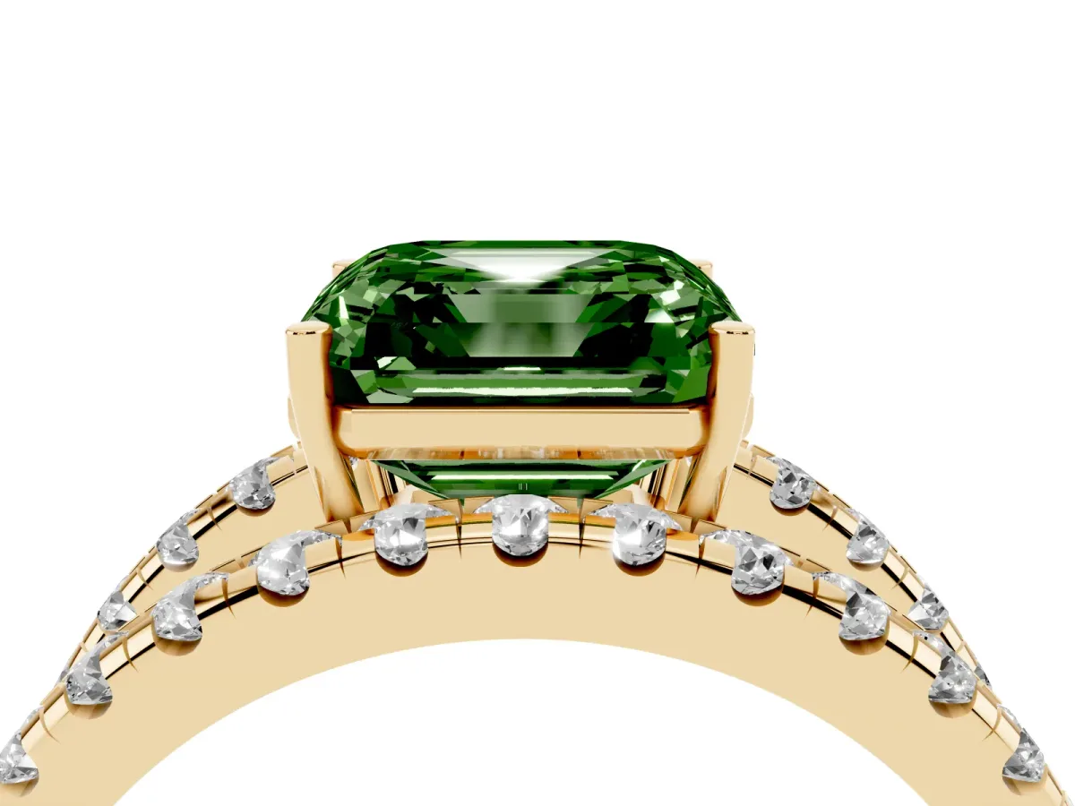 Fancy Green Asscher Cut Solitaire Split Shank Pave Diamond Ring Yellow gold