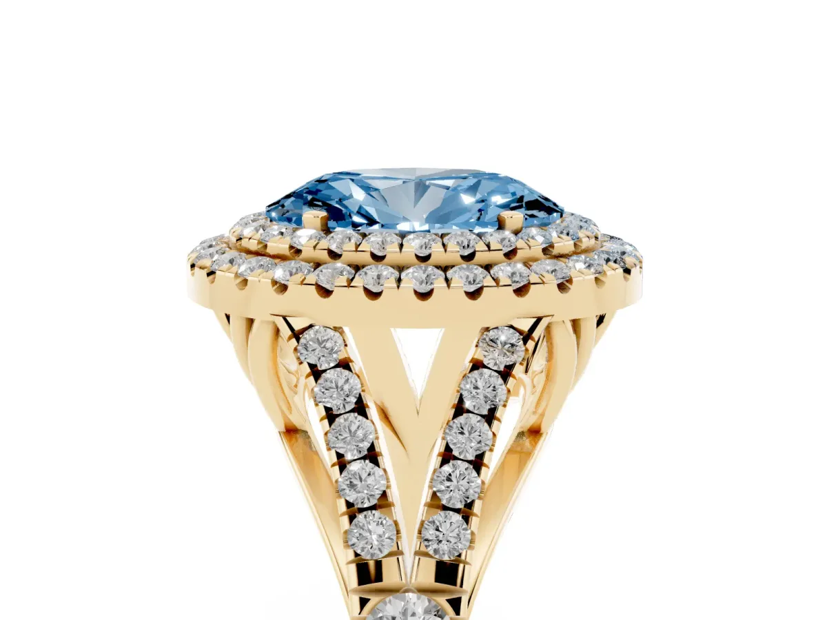 Fancy Blue Double Halo Oval Cut Diamond Split Shank Engagement Ring with Four-Prong Setting Yellow gold