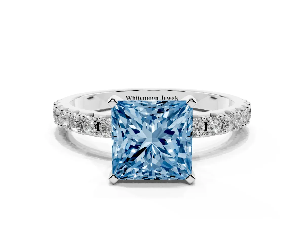 Fancy Blue Princess Cut Diamond Solitaire Pavé Band with Four-Prong Setting Silver