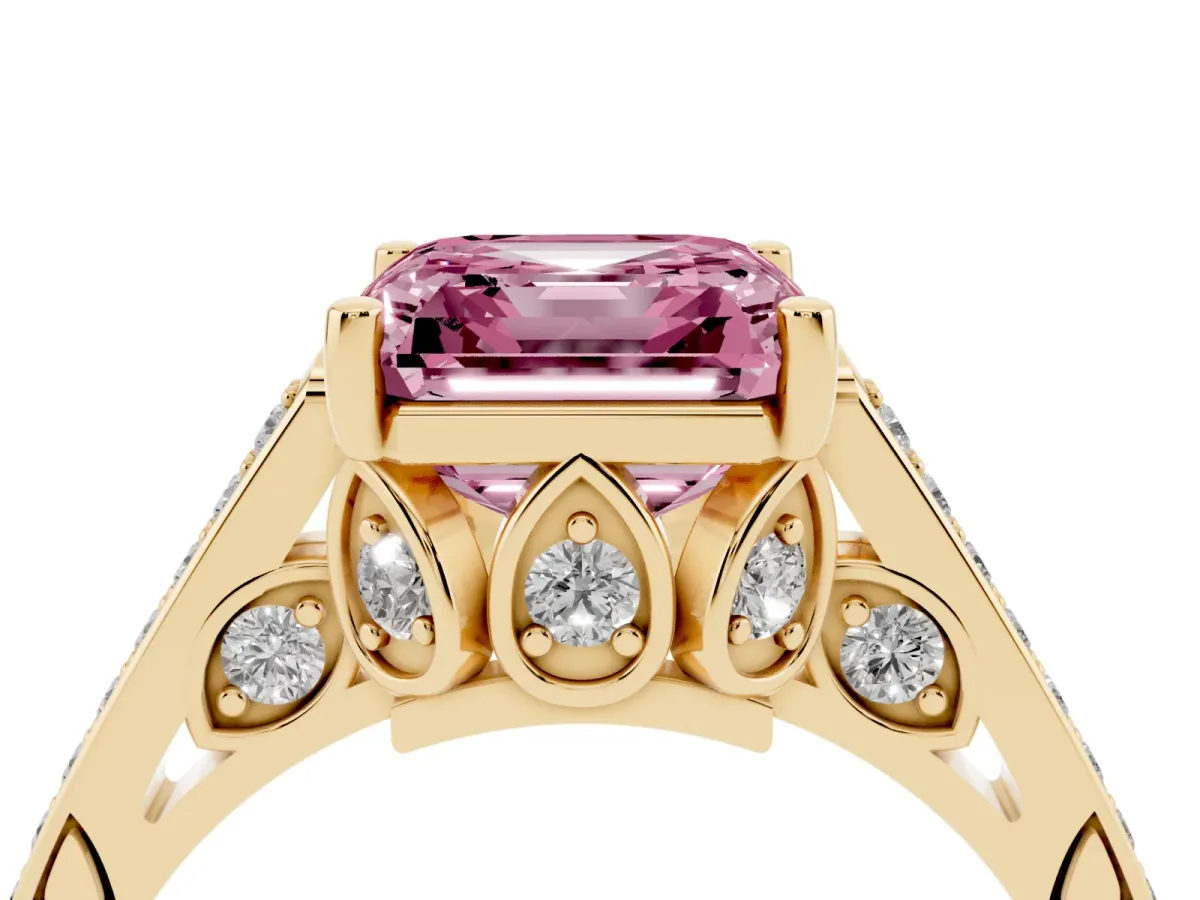 Fancy Pink Asscher Cut Cut Cathedral Pave Diamond Engagement Ring with Six-Prong Setting Yellow gold