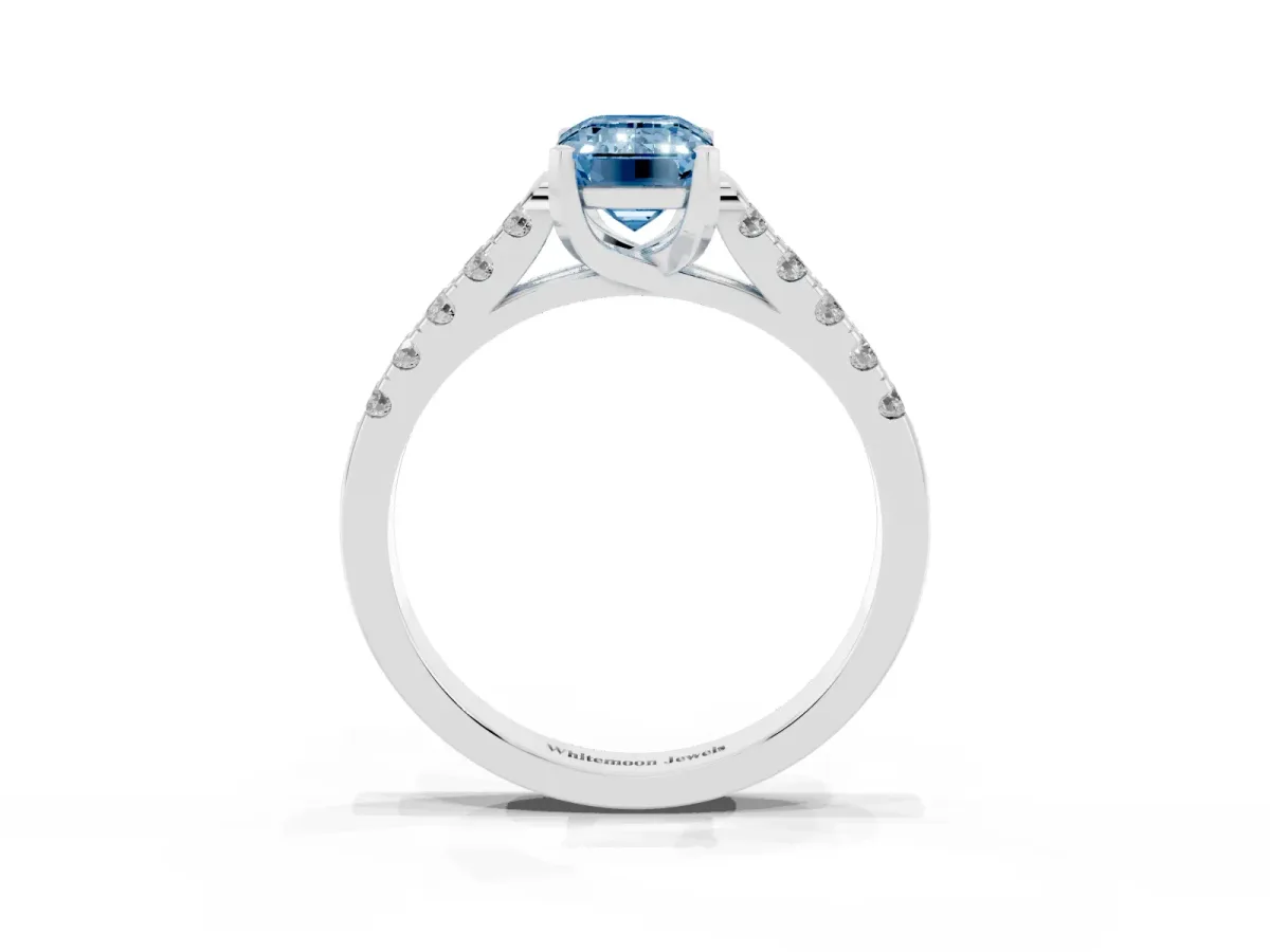 Fancy Blue Emerald Cut Diamond Pavé Band Solitaire Ring with Prong Setting Silver