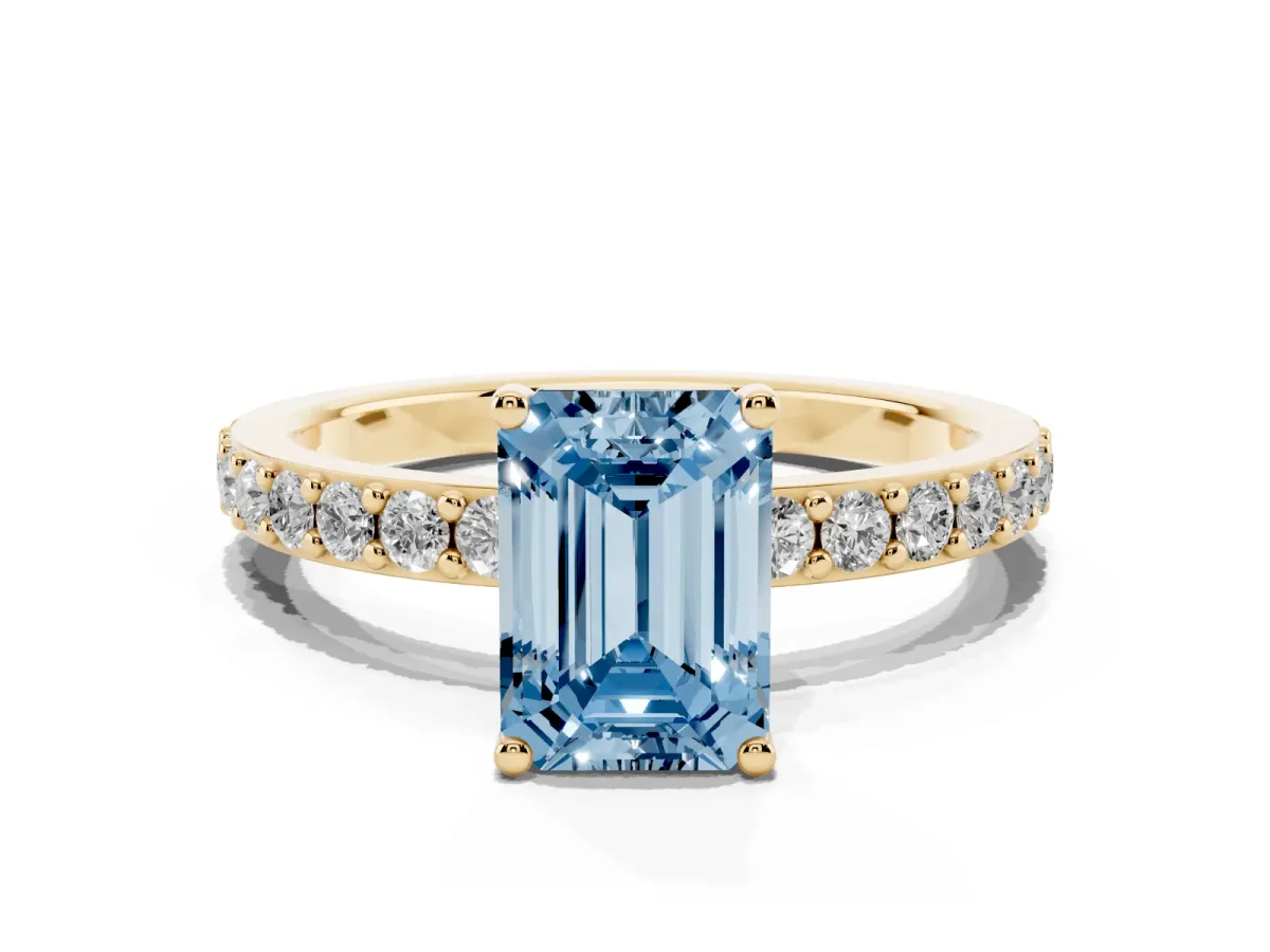 Fancy Blue Emerald Cut Cut Diamond Solitaire with Pave Band and Four-Prong Setting Yellow gold
