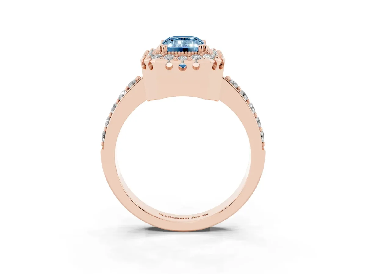 Fancy Blue Emerald Cut Diamond Halo Ring with Pavé Band and Prong Setting Rose gold