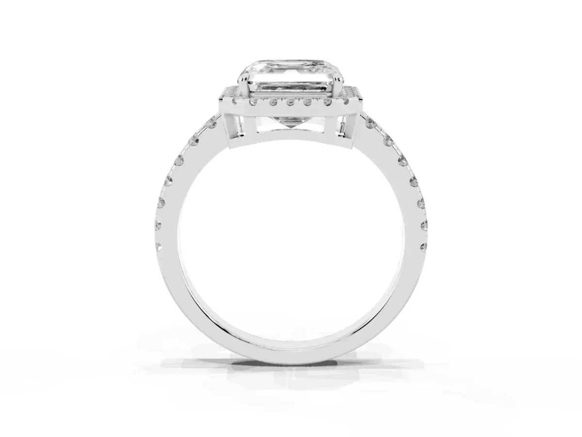 Asscher Cut Diamond Halo Ring with Pavé Band and Four-Prong Setting Silver