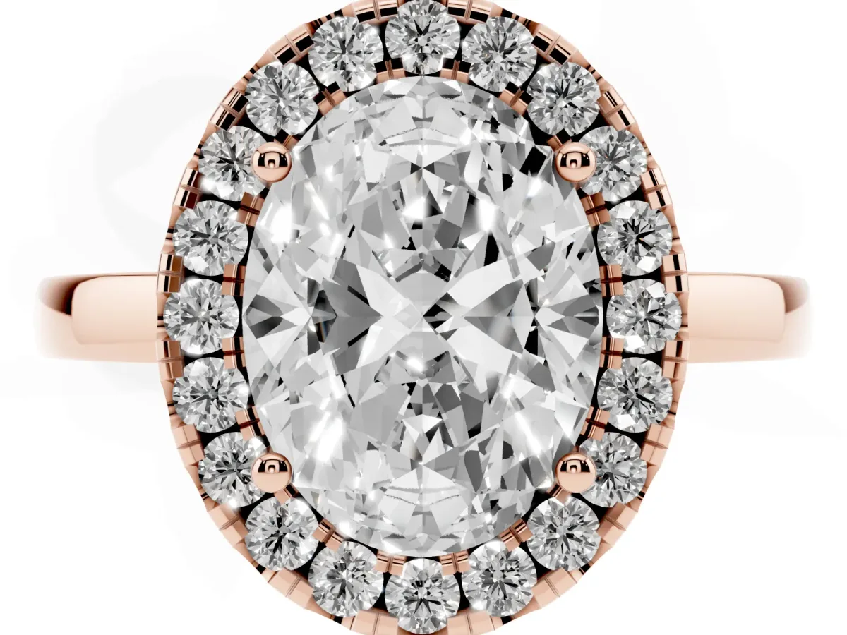 Oval Cut Halo Diamond Solitaire with Pavé Band and Four-Prong Setting Rose gold