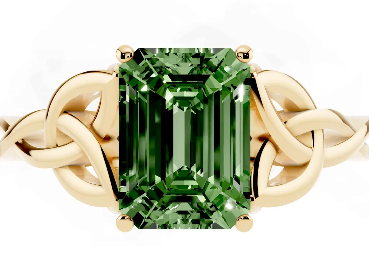 Fancy Green Emerald Cut Diamond Solitaire Engagement Ring with Celtic Knot Band and Four-Prong Setting Yellow gold