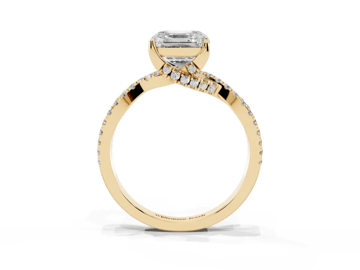 Asscher Cut Solitaire Twist Pave Diamond Engagement Ring with Prong Setting Yellow gold