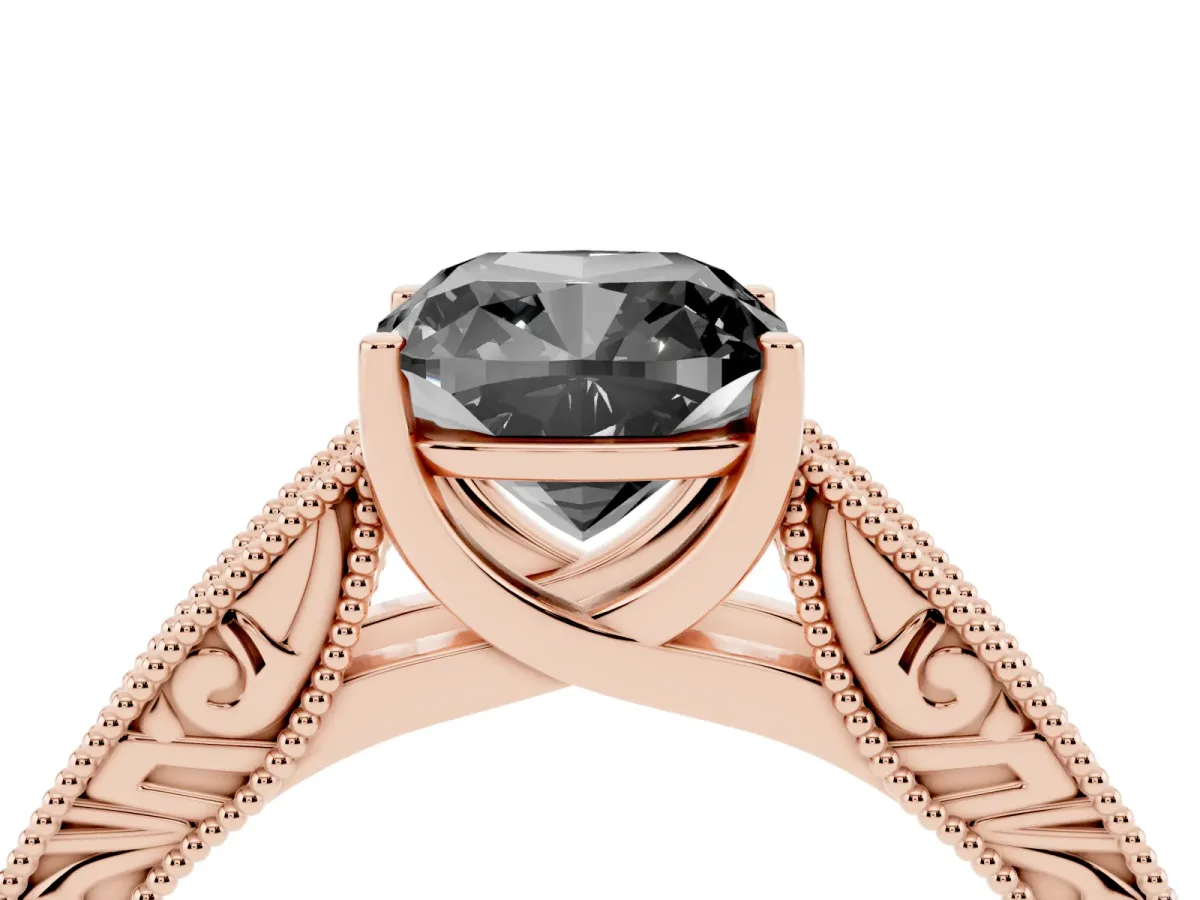 Fancy Black Cushion Cut Diamond Solitaire Ring with Engraved Band and Four-Prong Setting Rose gold
