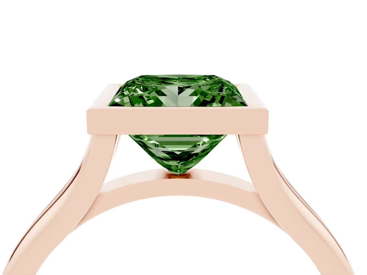 Fancy Green Bezel Set Princess Cut Cut Solitaire Ring with Tapered Band Rose gold