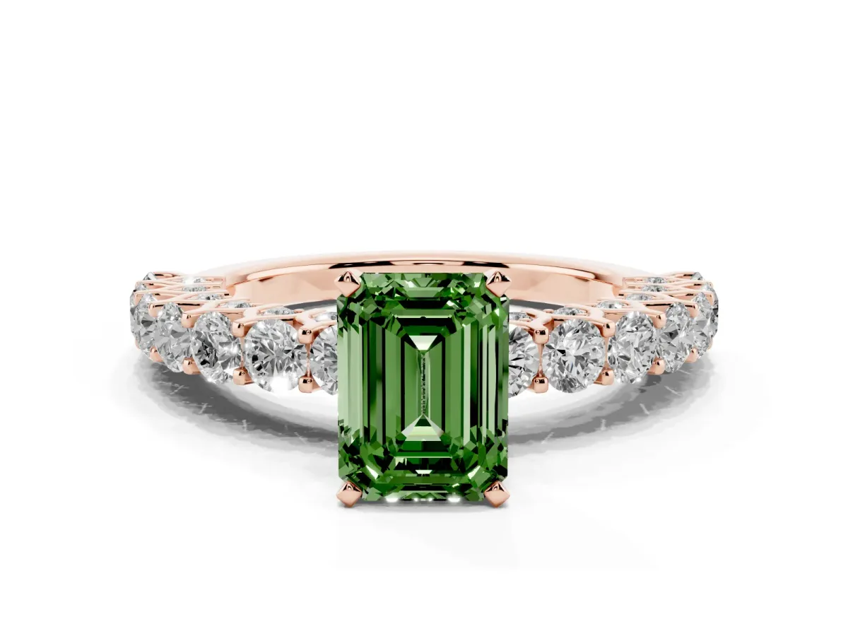 Fancy Green Emerald Cut Diamond Solitaire Ring with Shared Prong Pavé Band and Four-Prong Setting Rose gold