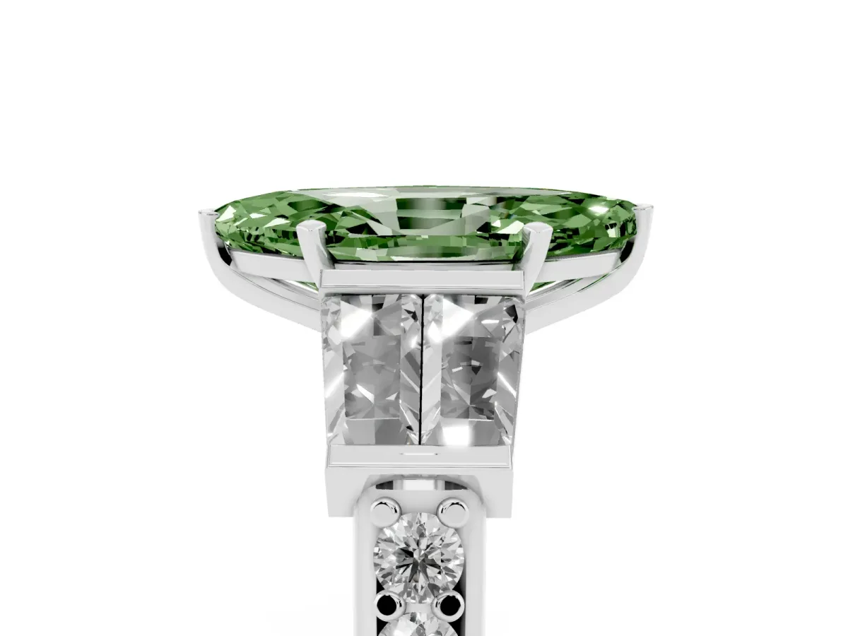 Fancy Green Marquise Cut Diamond Engagement Ring with Baguette Side Stones and Channel Set Band Silver