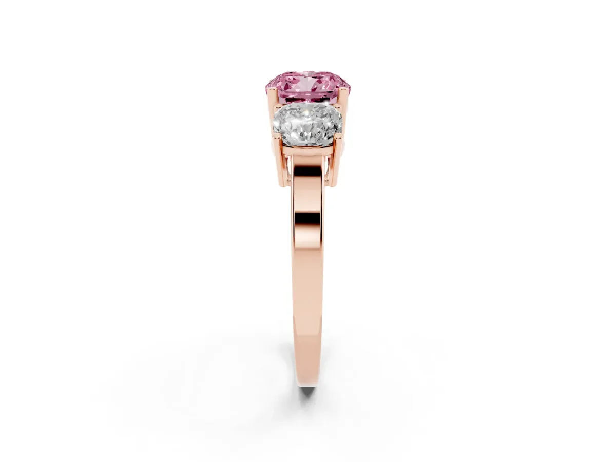 Fancy Pink Three-Stone Cushion Cut Cut Diamond Engagement Ring with Flat Band and Four-Prong Setting Rose gold