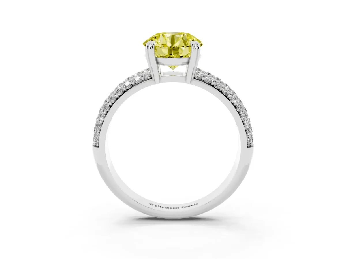 Fancy Yellow Round Cut Diamond Solitaire Ring with Multi-Row Round Pavé Band and Prong Setting Silver