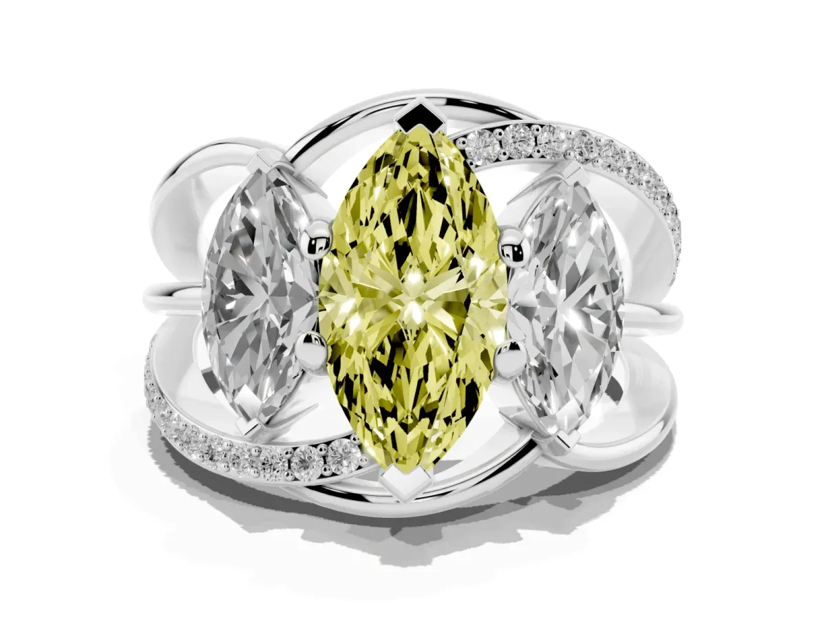 Fancy Yellow Three-Stone Marquise Cut Cut Diamond Split Shank Prong Set Ring Platinum