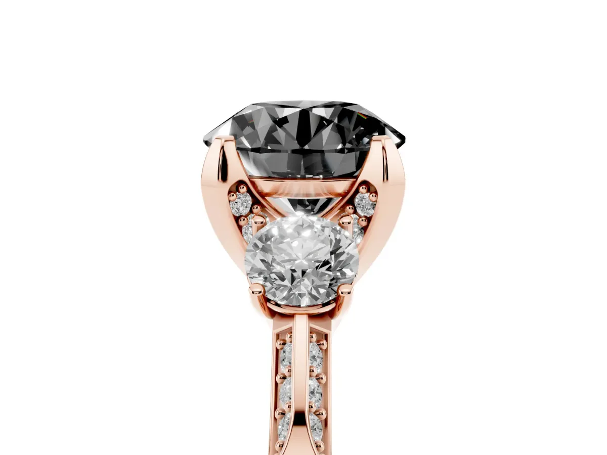 Fancy Black Round Cut Brilliant Three-Stone Diamond Ring with Pavé Band and Four-Prong Setting Rose gold