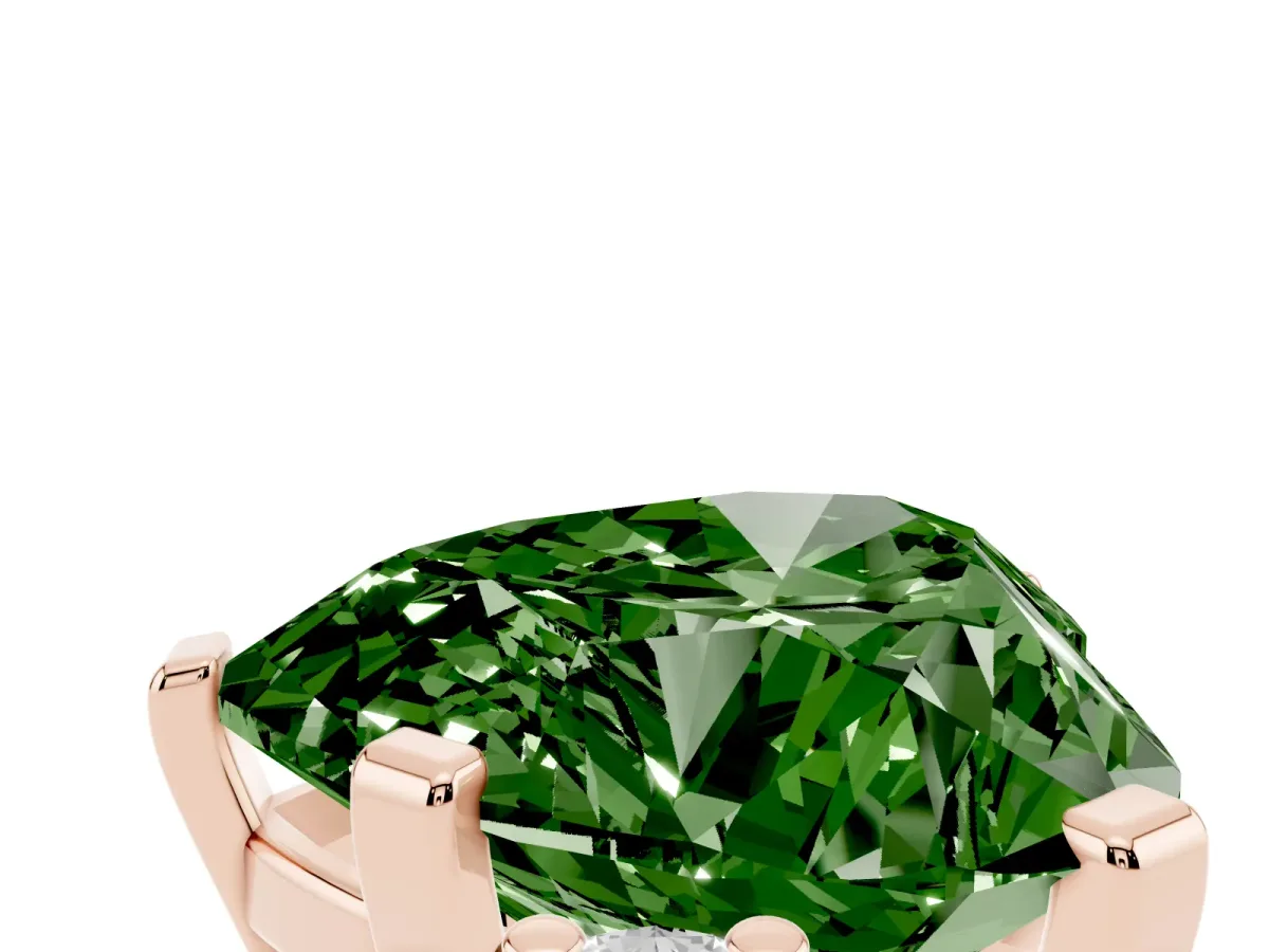 Fancy Green Heart Cut Cut Three-Stone Solitaire Ring with Round Accent Diamonds and Four-Prong Setting Rose gold