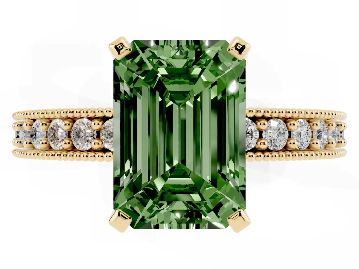 Fancy Green Emerald Cut Diamond Milgrain Pavé Engagement Ring with Four-Prong Setting Yellow gold