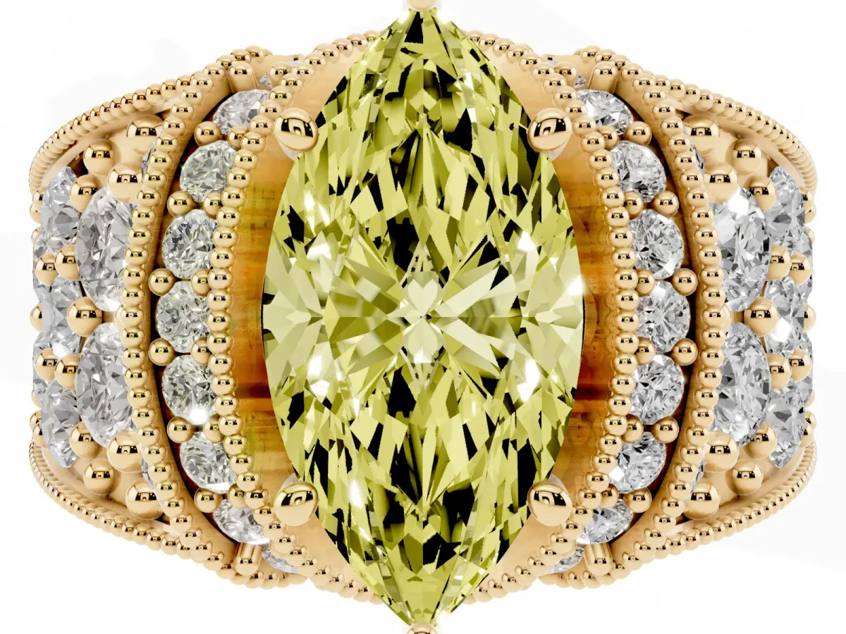 Fancy Yellow Marquise Cut Halo Pave Diamond Engagement Ring with Milgrain Detailing Yellow gold