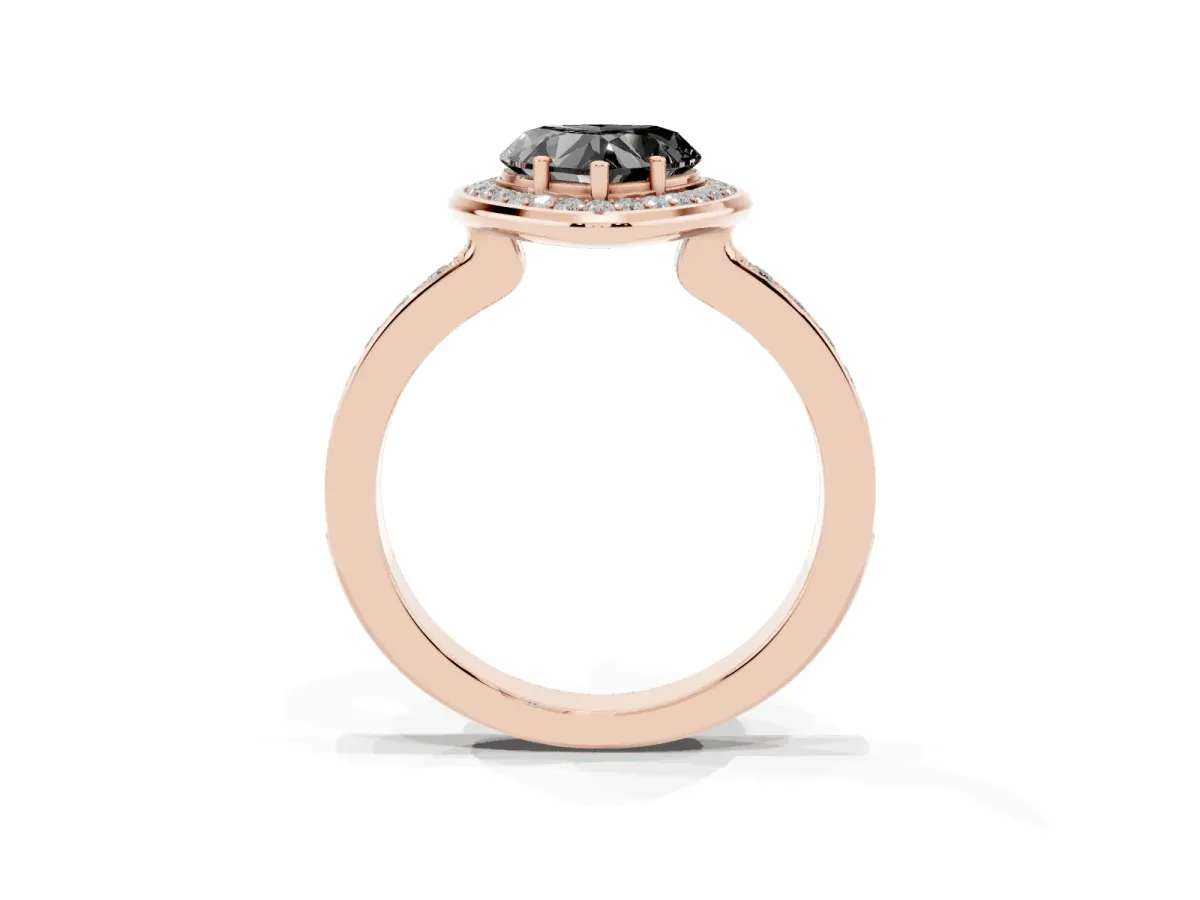 Fancy Black Heart Cut Diamond Halo Ring with Bezel Frame and Pavé Band Rose gold